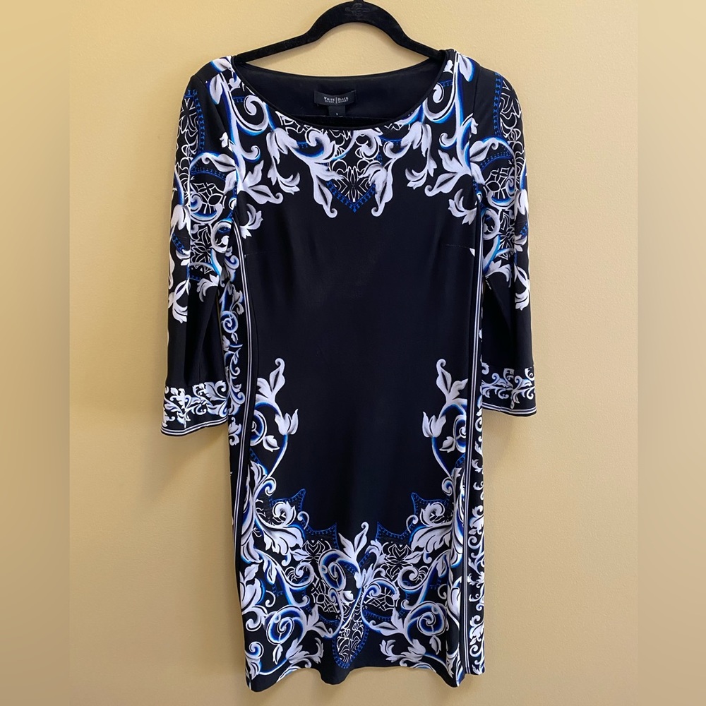 White House Black Market 3/4 sleeve dress, Size Small, Black, White, and Blue